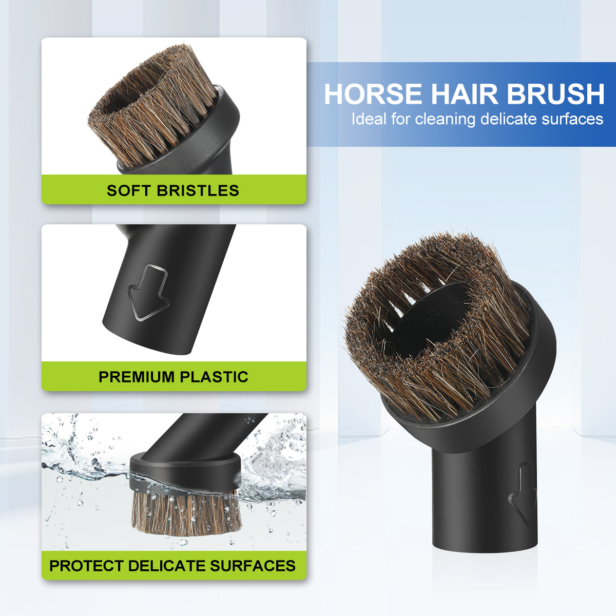 horse hair bursh ,soft bristles, premium plastic, protect delicate surfaces