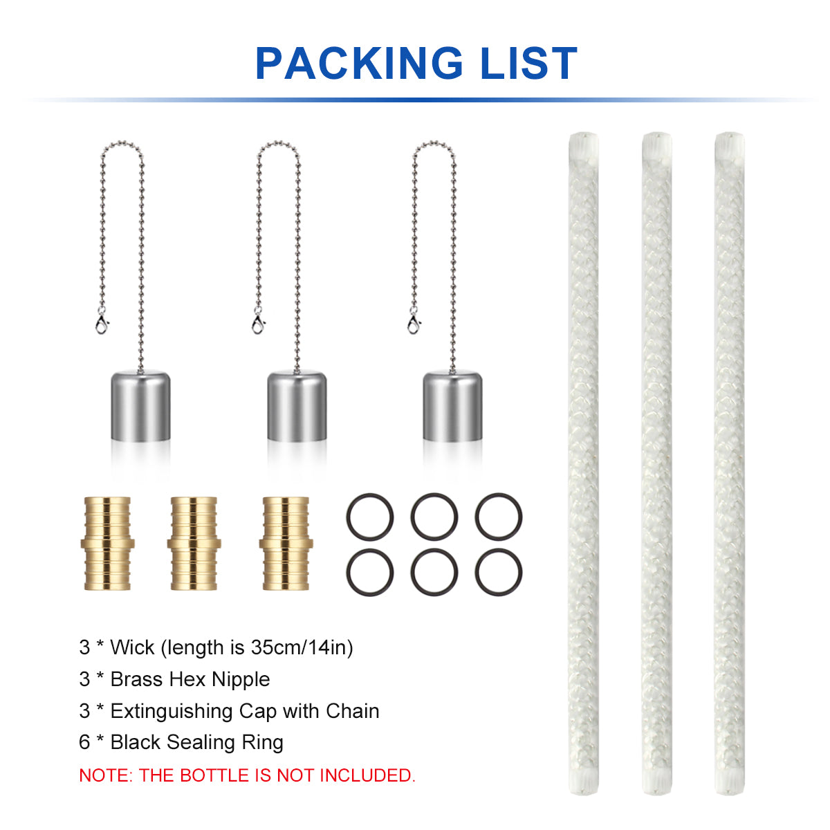 Package contents 3 wicks, 3 brass mounts and 3 covers.