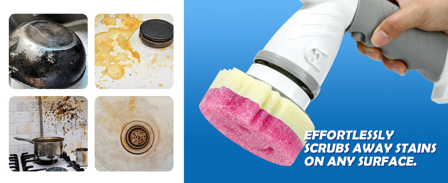 LANMU Electric Scrubber Sponge Wand Compatible with Scrub Daddy/Mommy Sponges, Cordless Power Spin Brush with Comfortable Handle, 5 Replaceable Heads for Cleaning Oven, Stove, Sink, Shower, Bathtub