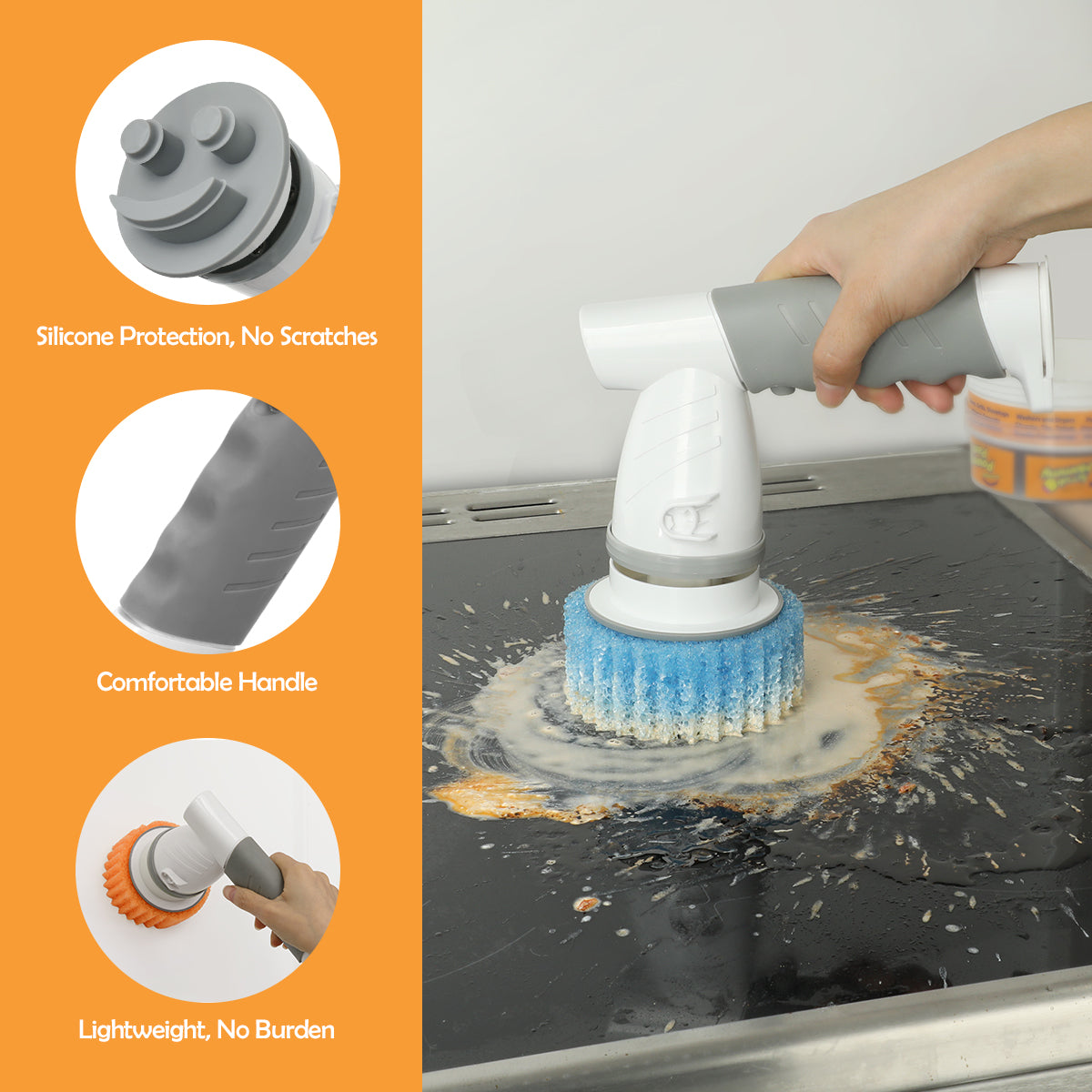 LANMU Electric Scrubber Sponge Wand Compatible with Scrub Daddy/Mommy Sponges, Cordless Power Spin Brush with Comfortable Handle, 5 Replaceable Heads for Cleaning Oven, Stove, Sink, Shower, Bathtub
