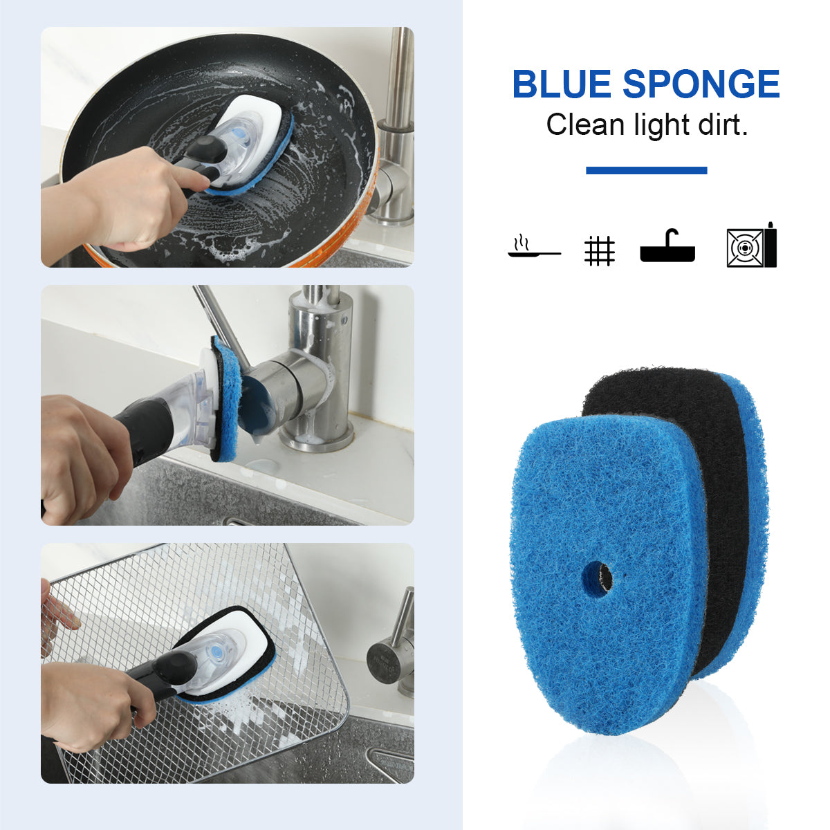 Lanmu blue non-scratch sponge is fit for cleaning pans, grill exteriors, sinks, and stoves.