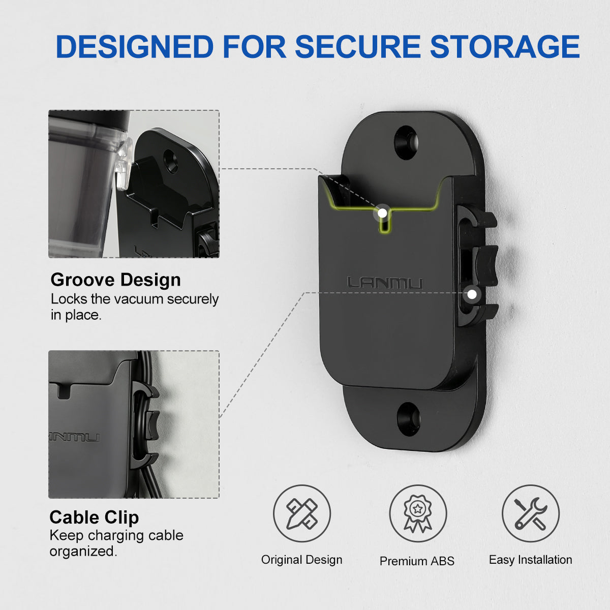 LANMU Wall Mount Holder with Cable Clip Compatible with Shark Cordless Stick Vacuum