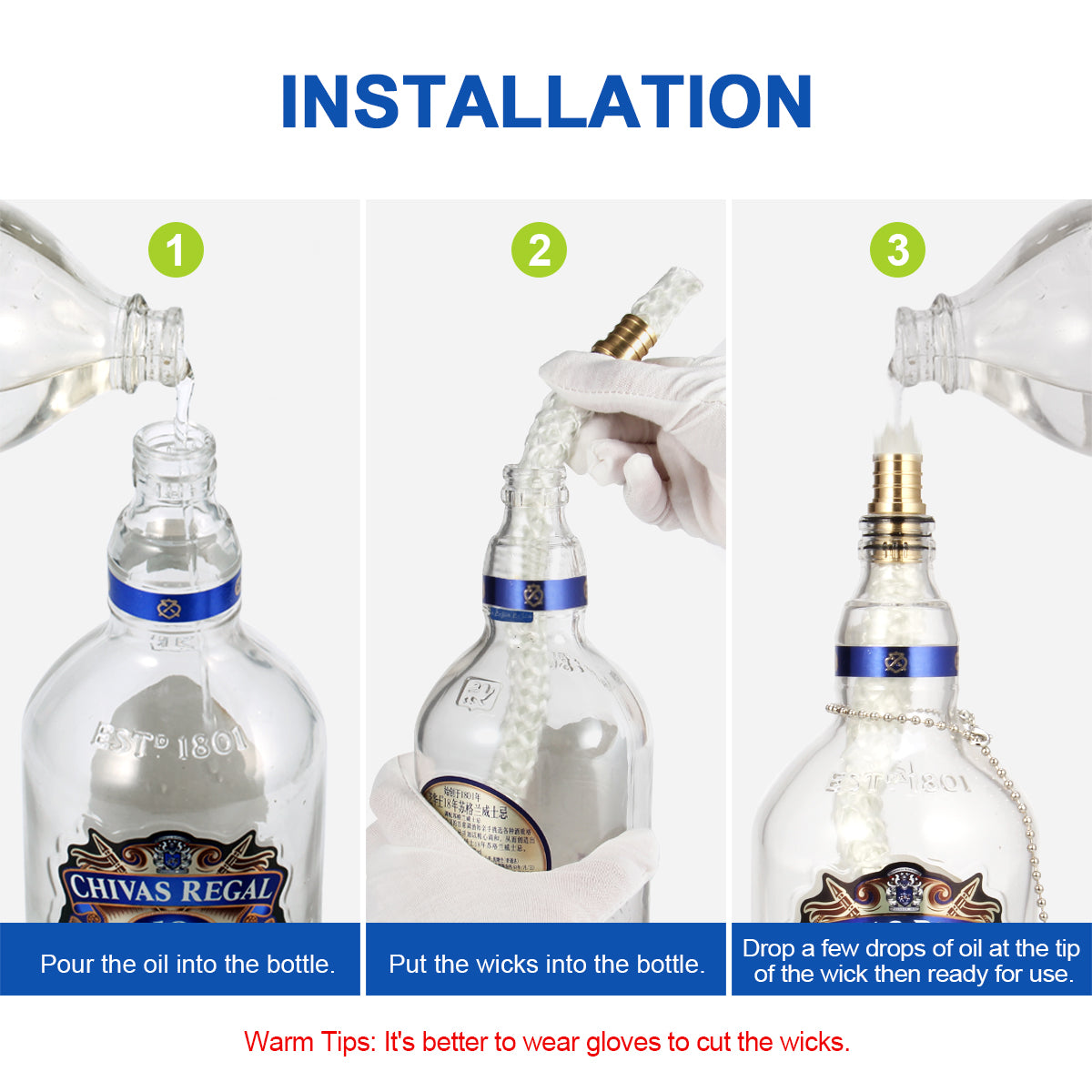 LANMU Wine Bottle Torch Wicks installation: pour the oil into the bottle, put the wicks into the bottle, drop a few drops of oil at the tip of the wick then ready for use