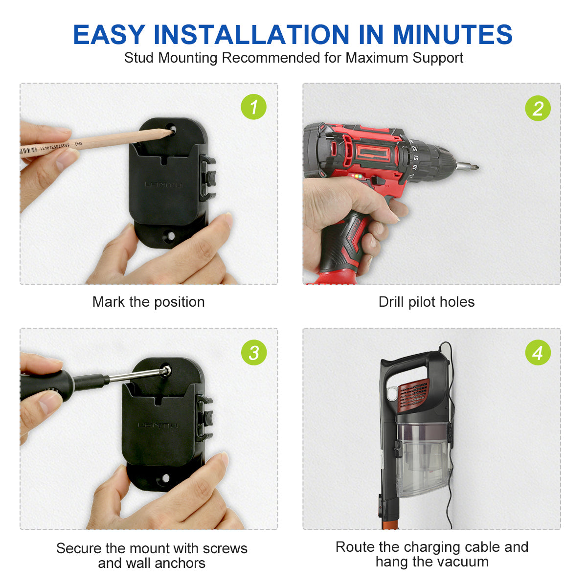 LANMU Wall Mount Holder with Cable Clip Compatible with Shark Cordless Stick Vacuum