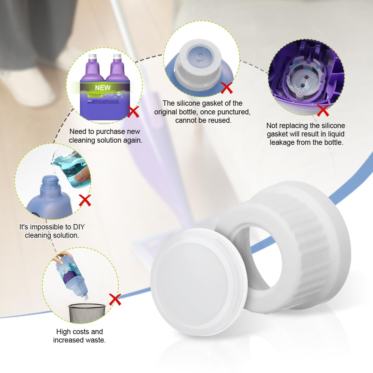 Replace the punctured cap, making the bottle to be reused, eliminating the need to waste money on buying new cleaning solutions.