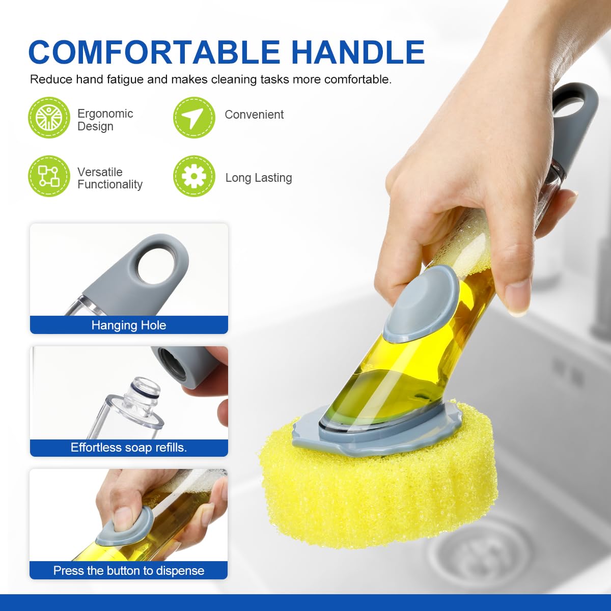 COMFORTABLE HANDLE Reduce hand fatigue and makes cleaning tasks more comfortable.