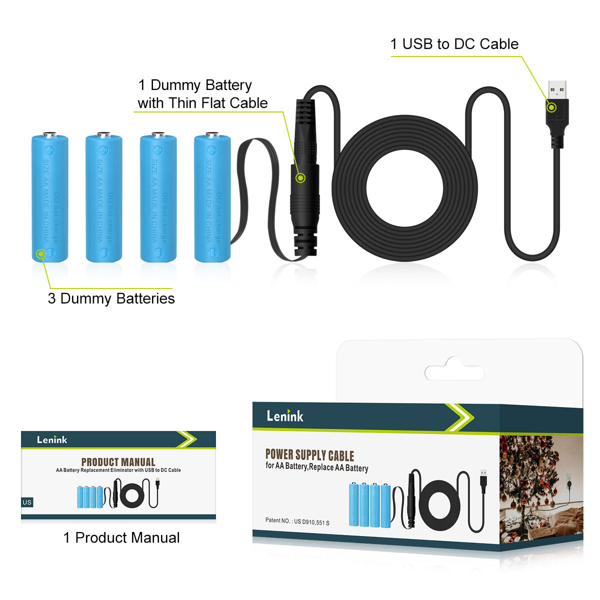 Lenink Battery Eliminator, Power Supply Cable for AA Battery, Replace AA Battery