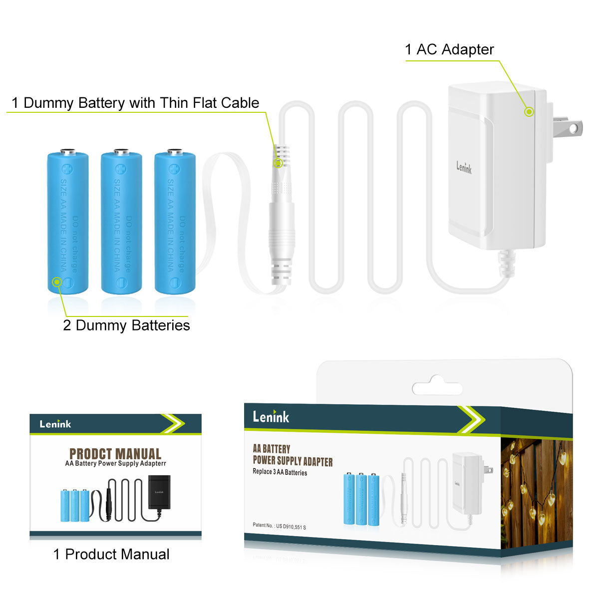 Lenink Battery Eliminator, AC Power Supply Adapter for 3 AA Battery, AA Battery Replacement Adapter for LED Light, Decorations (White)