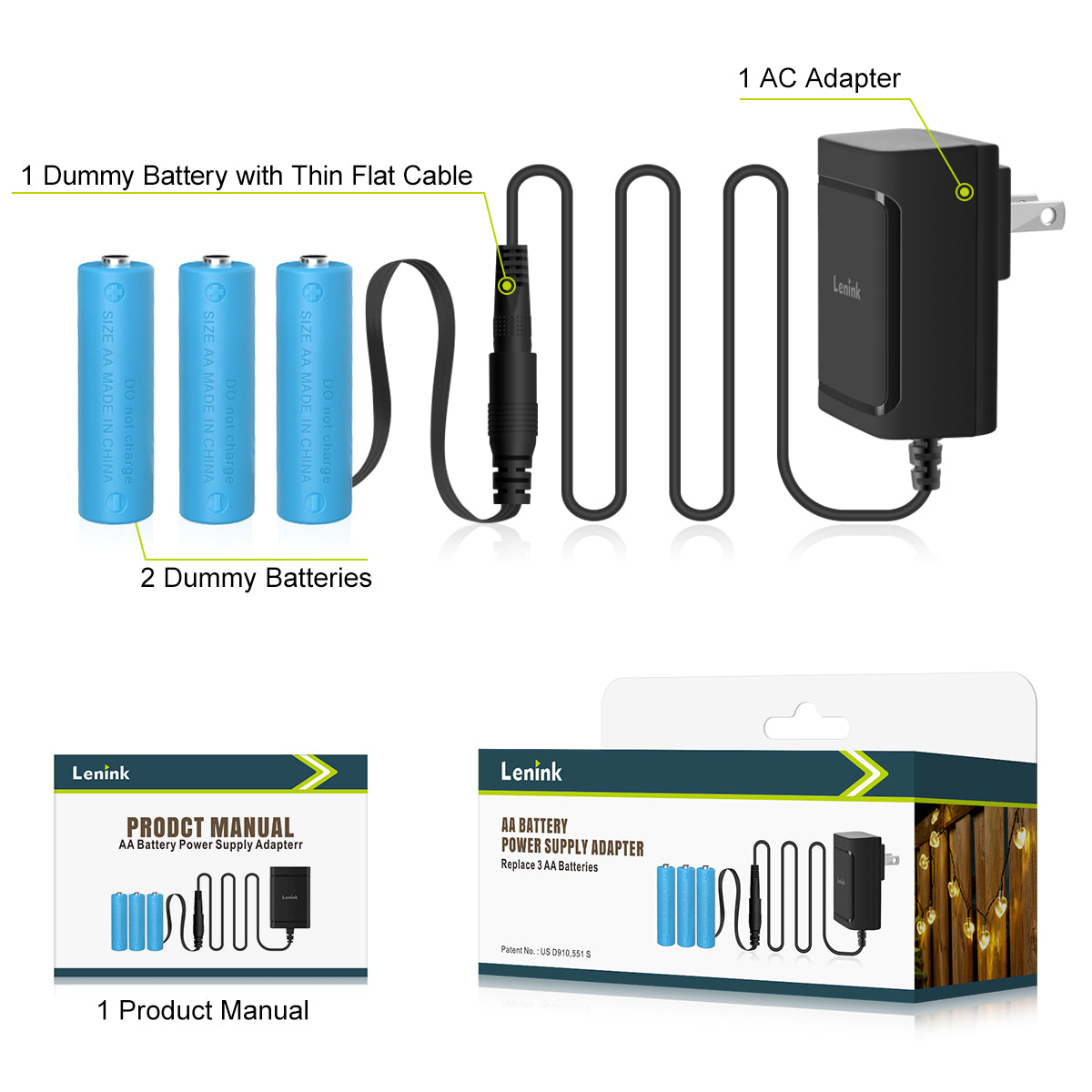Lenink Battery Eliminator, AC Power Supply Adapter for 3 AA Batter, AA Battery Replacement Adapter for LED Light, Decorations (Black)